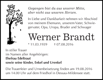 Traueranzeige von Werner Brandt von WVG - Wochenspiegel Dessau / Köthen