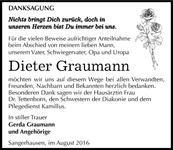 Traueranzeige von Dieter Graumann von Mitteldeutsche Zeitung Sangerhausen