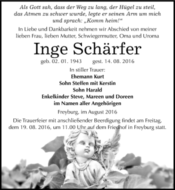 Traueranzeige von Inge Schärfer von Mitteldeutsche Zeitung Naumburg/Nebra