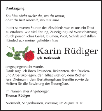 Traueranzeige von Karin Rüdiger von Mitteldeutsche Zeitung Sangerhausen