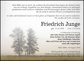 Traueranzeige von Friedrich Junge von WVG - Wochenspiegel Dessau / Köthen
