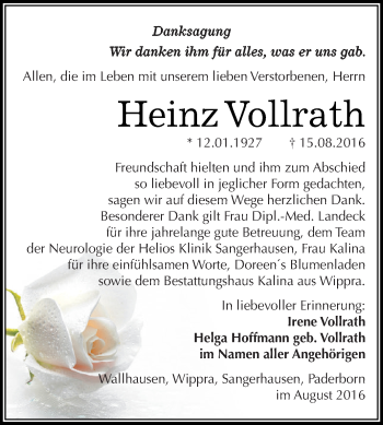 Traueranzeige von Heinz Vollrath von WVG - Wochenspiegel SGH