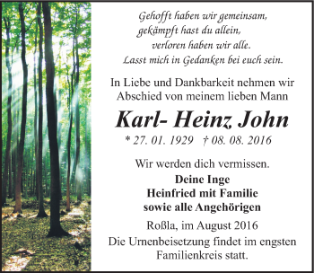 Traueranzeige von Karl- Heinz John von Mitteldeutsche Zeitung Sangerhausen