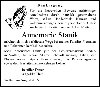 Traueranzeige von Annemarie Stanik von Mitteldeutsche Zeitung Bitterfeld