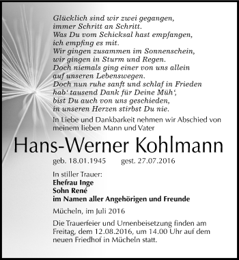 Traueranzeige von Hans-Werner Kohlmann von Mitteldeutsche Zeitung Merseburg/Querfurt
