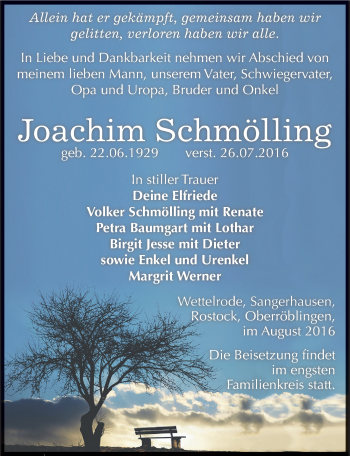 Traueranzeige von Joachim Schmölling von Mitteldeutsche Zeitung Sangerhausen