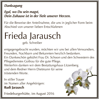 Traueranzeige von Frieda Jarausch von Wochenspiegel Mansfelder Land