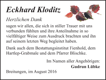 Traueranzeige von Eckhard Kloditz von Mitteldeutsche Zeitung Sangerhausen