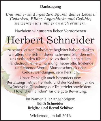 Traueranzeige von Herbert Schneider von Mitteldeutsche Zeitung Sangerhausen