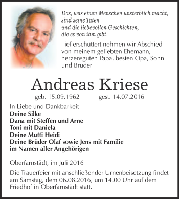 Traueranzeige von Andreas Kriese von WVG - Wochenspiegel Merseburg