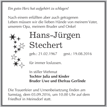 Traueranzeige von Hans-Jürgen Stechert von WVG - Wochenspiegel Dessau / Köthen