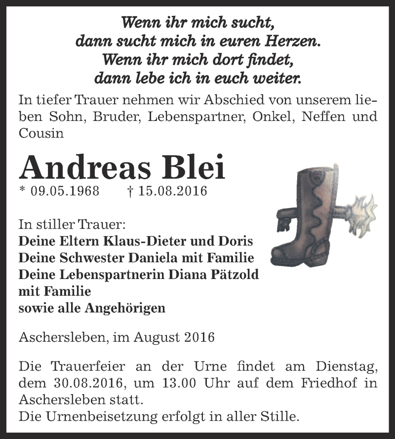  Traueranzeige für Andreas Blei vom 20.08.2016 aus Super Sonntag Aschersleben