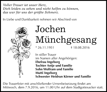 Traueranzeige von Jochen Münchgesang von Mitteldeutsche Zeitung Halle/Saalkreis