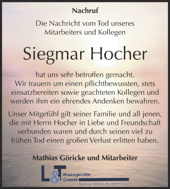 Traueranzeige von Siegmar Hocher von WVG - Wochenspiegel NMB / WSF / ZTZ