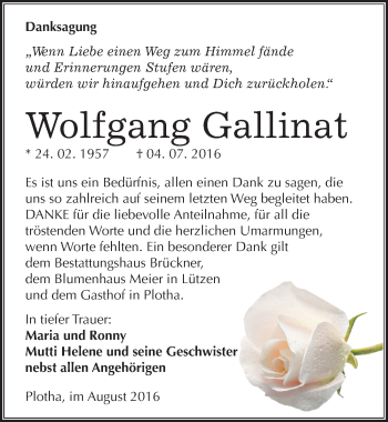 Traueranzeige von Wolfgang Gallinat von Mitteldeutsche Zeitung Weißenfels