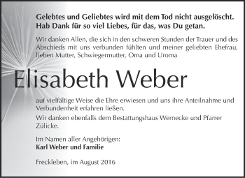Traueranzeige von Elisabeth Weber von WVG - Wochenspiegel Aschersleben