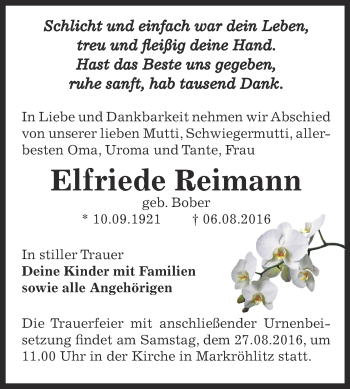 Traueranzeige von Elfriede Reimann von WVG - Wochenspiegel NMB / WSF / ZTZ