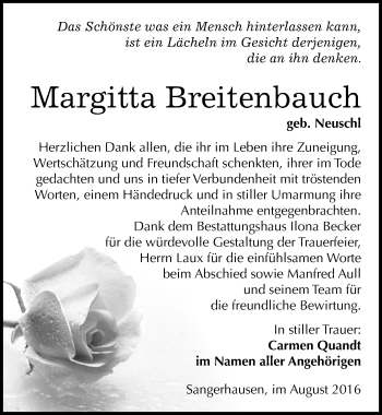 Traueranzeige von Margitta Breitenbauch von Mitteldeutsche Zeitung Sangerhausen