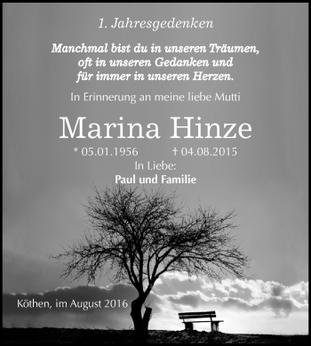 Traueranzeige von Marina Hinze von WVG - Wochenspiegel Dessau / Köthen