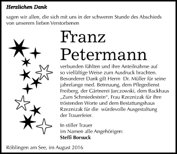 Traueranzeige von Franz Petermann von Mitteldeutsche Zeitung Mansfelder Land