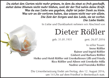 Traueranzeige von Dieter Rößler von Mitteldeutsche Zeitung Sangerhausen