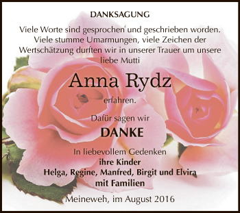 Traueranzeige von Anna Rydz von Super Sonntag Zeitz