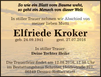 Traueranzeige von Elfriede Kroker von Mitteldeutsche Zeitung Dessau-Roßlau