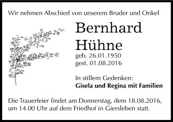Traueranzeige von Bernhard Hühne von Mitteldeutsche Zeitung Aschersleben