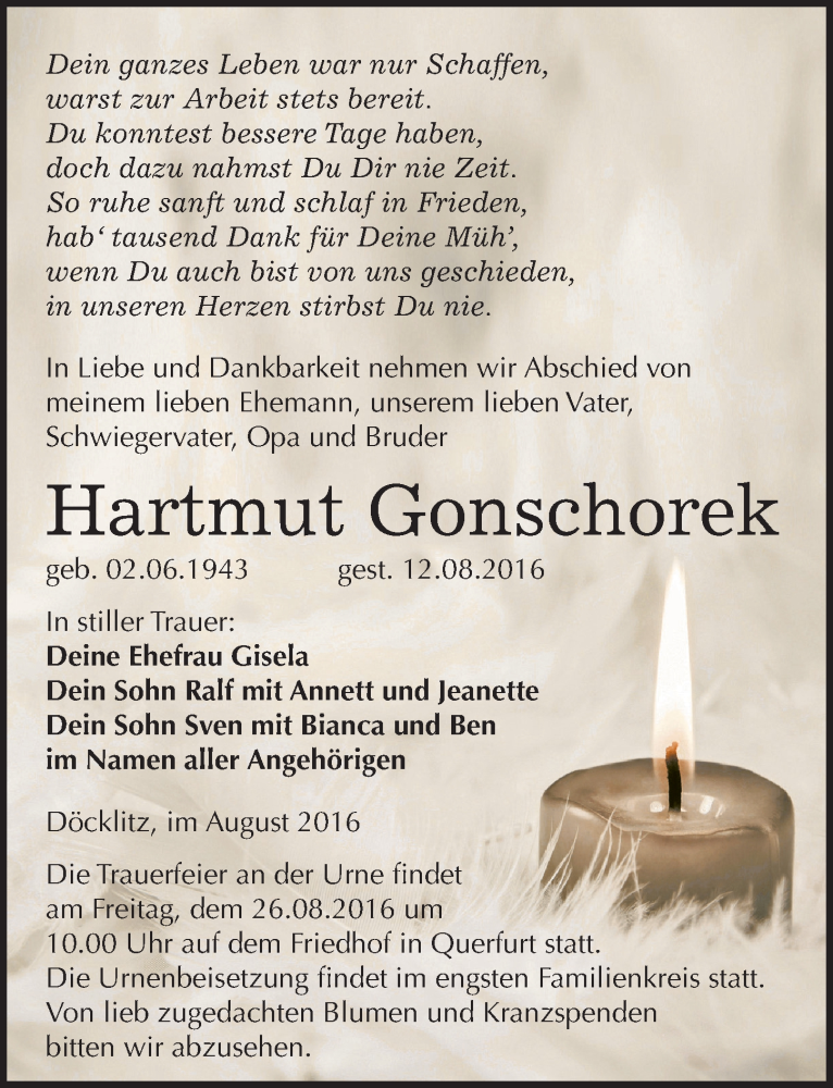  Traueranzeige für Hartmut Gonschorek vom 20.08.2016 aus Mitteldeutsche Zeitung Merseburg/Querfurt
