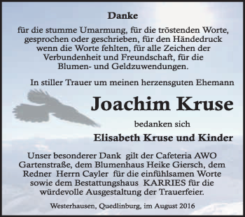 Traueranzeige von Joachim Kruse von WVG - Wochenspiegel Quedlinburg