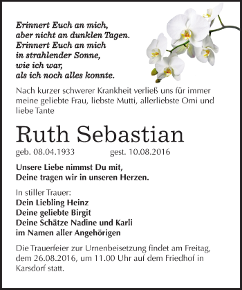 Traueranzeige von Ruth Sebastian von Mitteldeutsche Zeitung Naumburg/Nebra