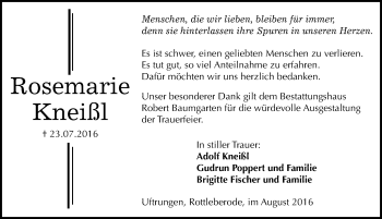 Traueranzeige von Rosemarie Kneißl von Mitteldeutsche Zeitung Sangerhausen