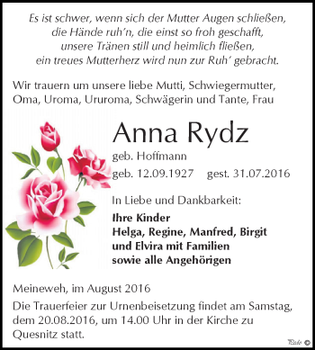 Traueranzeige von Anna Rydz von Super Sonntag Zeitz