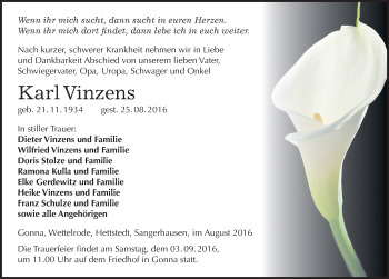 Traueranzeige von Karl Vinzens von Mitteldeutsche Zeitung Sangerhausen