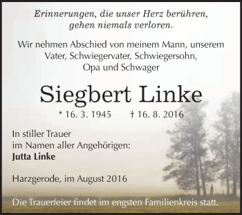 Traueranzeige von Siegbert Linke von WVG - Wochenspiegel Quedlinburg