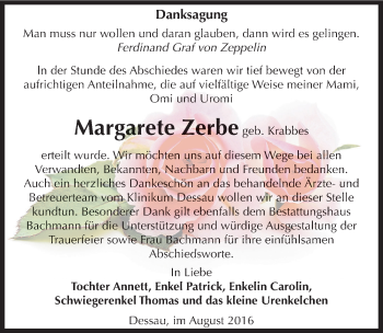 Traueranzeige von Margarete Zerbe von Mitteldeutsche Zeitung Dessau-Roßlau