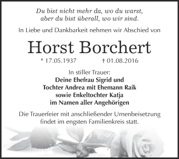 Traueranzeige von Horst Borchert von WVG - Wochenspiegel Bitterfeld