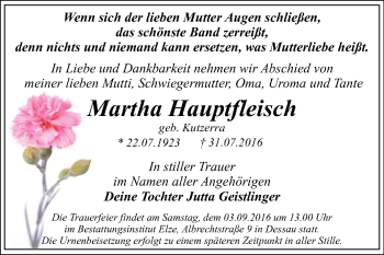 Traueranzeige von Martha Hauptfleisch von WVG - Wochenspiegel Dessau / Köthen