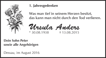 Traueranzeige von Ursula Anders von WVG - Wochenspiegel Dessau / Köthen