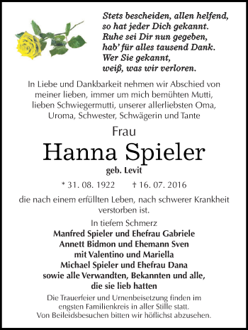 Traueranzeige von Hanna Spieler von WVG - Wochenspiegel Dessau / Köthen