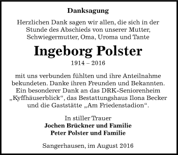 Traueranzeige von Ingeborg Polster von Mitteldeutsche Zeitung Sangerhausen