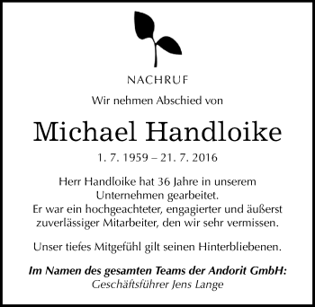 Traueranzeige von Michael Handloike von Mitteldeutsche Zeitung Naumburg/Nebra