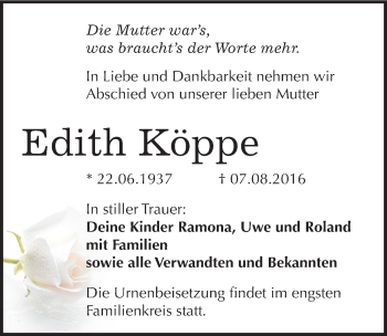 Traueranzeige von Edith Köppe von Mitteldeutsche Zeitung Bitterfeld