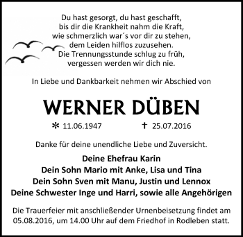 Traueranzeige von Werner Düben von Mitteldeutsche Zeitung Dessau-Roßlau