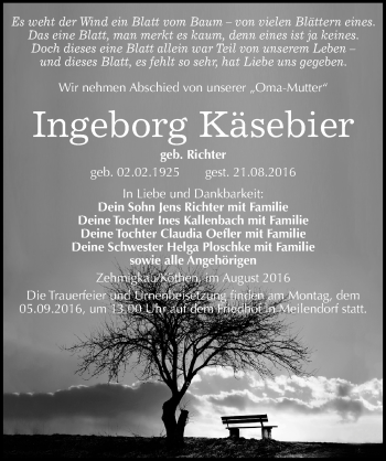 Traueranzeige von Ingeborg Käsebier von Mitteldeutsche Zeitung Köthen