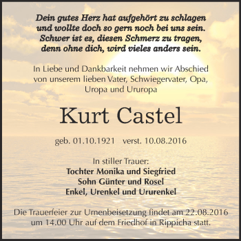 Traueranzeige von Kurt Castel von WVG - Wochenspiegel NMB / WSF / ZTZ
