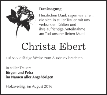 Traueranzeige von Christa Ebert von WVG - Wochenspiegel Bitterfeld