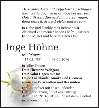 Traueranzeige von Inge Höhne von Mitteldeutsche Zeitung Bitterfeld