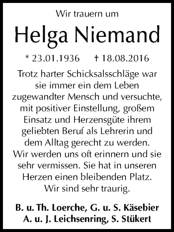 Traueranzeige von Helga Niemand von Mitteldeutsche Zeitung Halle/Saalkreis