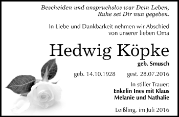 Traueranzeige von Hedwig Köpke von Mitteldeutsche Zeitung Weißenfels